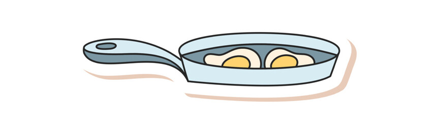 Camp frying pan outdoor doodle sticker with color icon style. Picnic equipment for trip or adventure in nature. Graphic art for travel supplies and camp cooking themes. © moonnoon