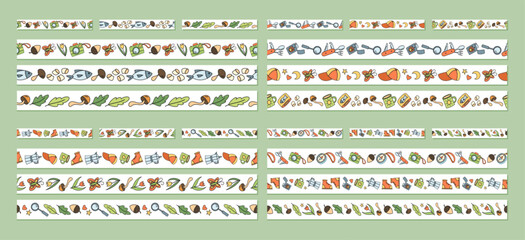 Cute color travel doodle stripe bundle in seamless outdoor adventure style pattern. Hiking and camp equipment set with playful elements, perfect for adventure trip or camp bundle themes. © moonnoon