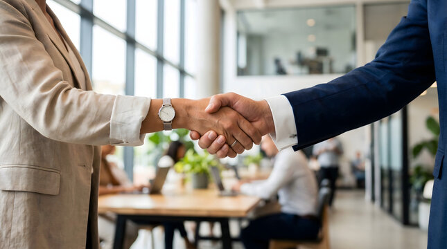 Close up of business handshake between man and woman in modern bright office for professional partnership corporate agreement success and recruitment in coworking workspace