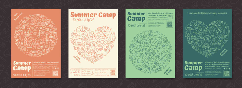 Vertical summer camp sketch collection with outdoor line style. Camp adventure, travel and family hiking creates a colorfull doodle icon design perfect for summer adventure projects and outdoor