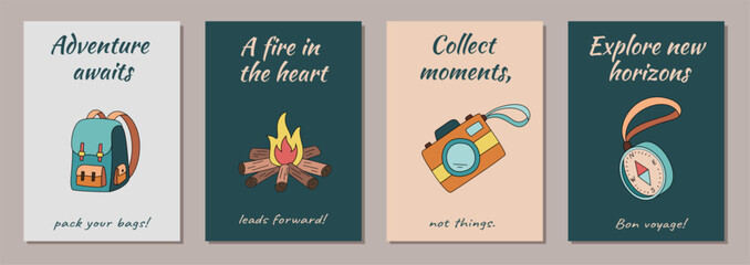 Colorful adventure camp doodle banner collection with backpack and campfire as cartoon travel icons. Compass and bag enrich the camp background. Ideal for adventure themes travel collection. © moonnoon