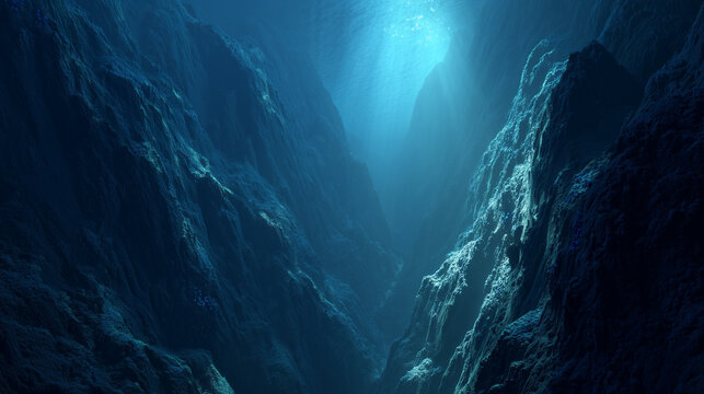 ultra deep ocean trench, abyssal zone, massive underwater canyon stretching into darkness, steep rocky walls covered with bioluminescent organisms, deep blue and black color palette.