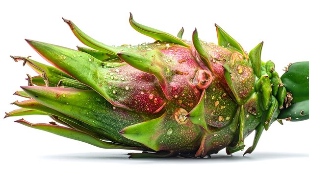 A close-up view of a vibrant pitahaya fruit, displaying its green and reddish hues, water droplets, and unique textured exterior
