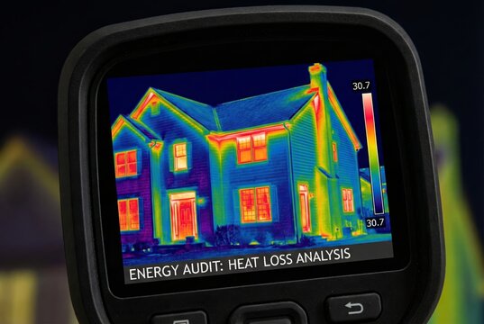 Thermal imaging camera screen displaying heat loss of a suburban house during energy audit