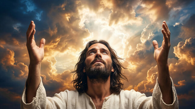 Jesus reaching up to heaven seeking divine light