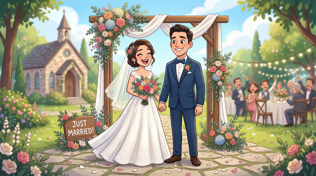 Happy bride and groom celebrating outdoor wedding ceremony