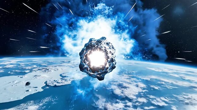 A vibrant blue explosion radiates from a central point on a celestial body