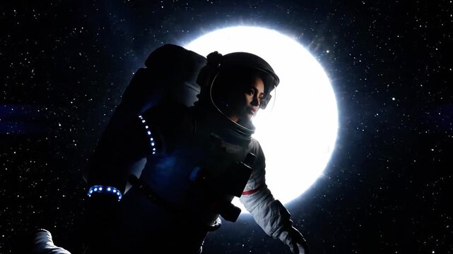 A space-suited individual floats in front of a large, glowing moon in a starry night sky