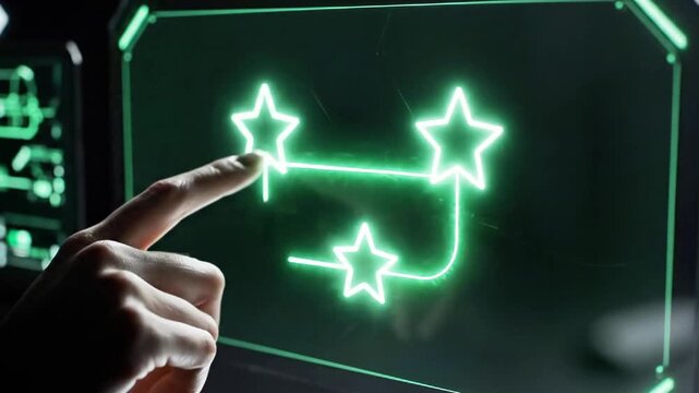 A hand interacts with glowing green stars on a futuristic digital interface