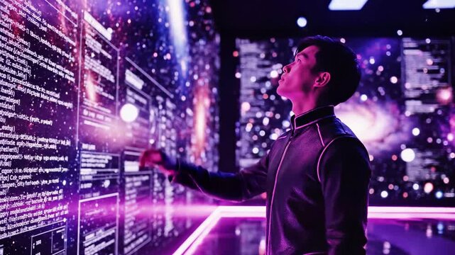 A man interacts with futuristic screens displaying vibrant, cosmic data visualizations