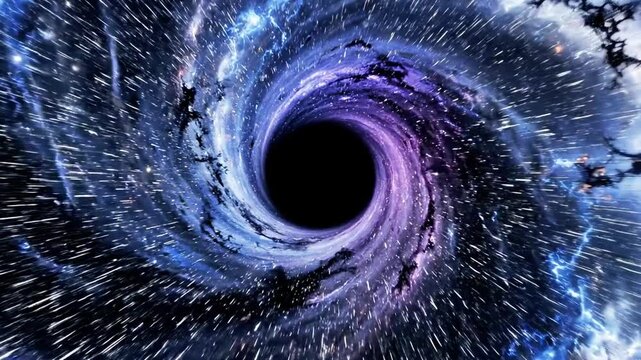 A swirling purple and blue cosmic tunnel with bright lights and energy beams