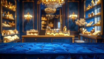 The blue velvet counter was empty, with a blurry backdrop of a gold shop.