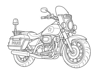 Vector line art drawing of a police motorcycle, patrol vehicle, law enforcement