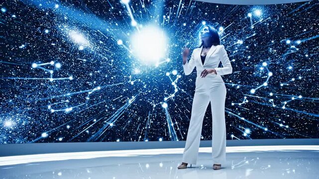 A man in a white suit interacts with a glowing orb amidst a futuristic blue environment