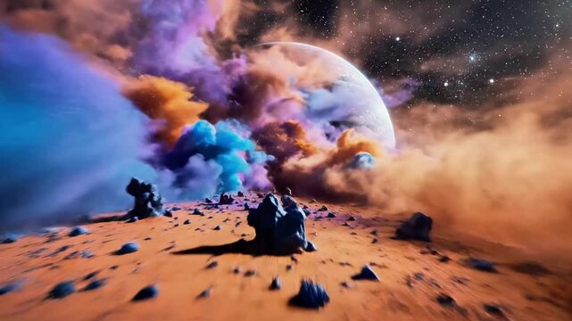 A vibrant cloud of swirling purple, blue, and orange hues against a starry night sky