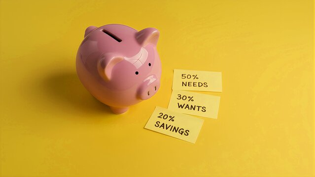 Pink ceramic piggy bank rests beside sticky notes outlining a common financial budget allocation rule for saving money and controlling expenses