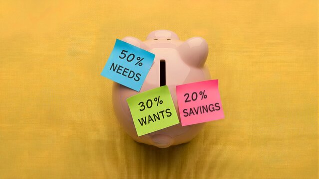 Pink ceramic piggy bank representing personal finance budgeting with colorful sticky notes detailing fifty percent needs thirty percent wants and twenty percent savings allocations