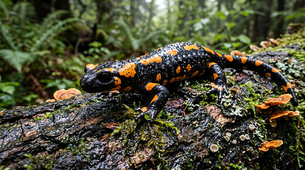 Fototapeta premium Vibrant Fire Salamander resting on a moss-covered log in a lush, damp forest environment