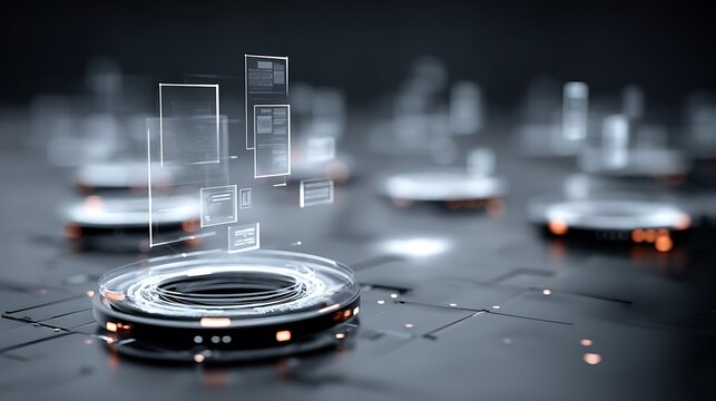 AI automation technology background with digital workflow interface elements floating above minimal tech surface