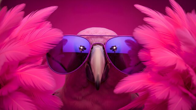 Strikingly stylish pink feathered bird, possibly a parrot or cockatoo, showcases its unique personality by confidently donning vibrant purple mirrored sunglasses, reflecting studio spotlights, and