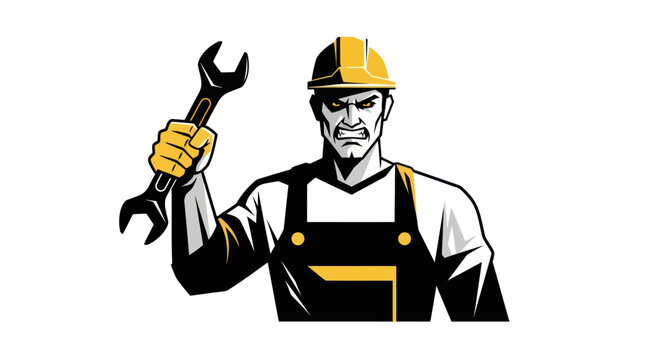 Strong worker holding wrench ready for work building construction vector