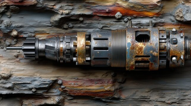 Realistic shot of autonomous robot drilling asteroid rock surface with detailed metal texture against cosmic space background.