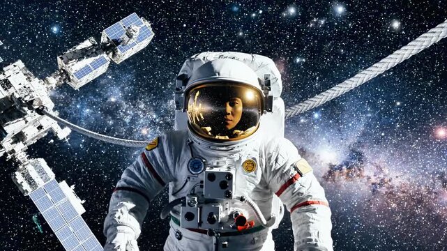 Astronaut in a white spacesuit with a gold visor floats in space beside a satellite