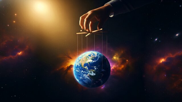A human hand manipulates planet Earth like a puppet, symbolizing the profound influence and control exerted over global destinies and environmental factors, suggesting themes of power, destiny, and