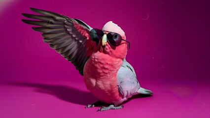 Naklejka premium Stylish galah parrot wearing dark aviator sunglasses posing confidently with one wing spread wide against a vibrant magenta background for a cool portrait