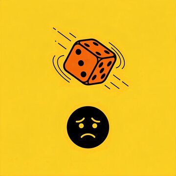 An illustrative depiction of an orange dice in motion, suggesting a moment of chance or uncertainty, positioned above a black sad face emoji, symbolizing disappointment, bad luck, or an unfavorable