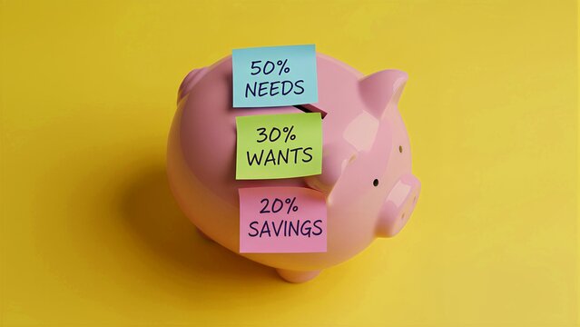 A charming pink piggy bank serves as a visual reminder of the essential 50/30/20 budgeting rule, with colorful sticky notes clearly delineating financial allocations for needs, wants, and long-term