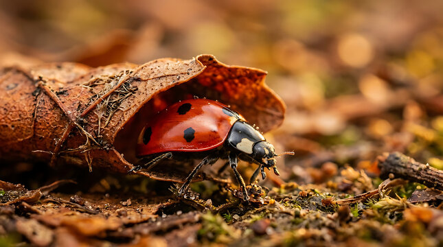 Close-up of a ladybug hiding under a dry leaf on the forest floor