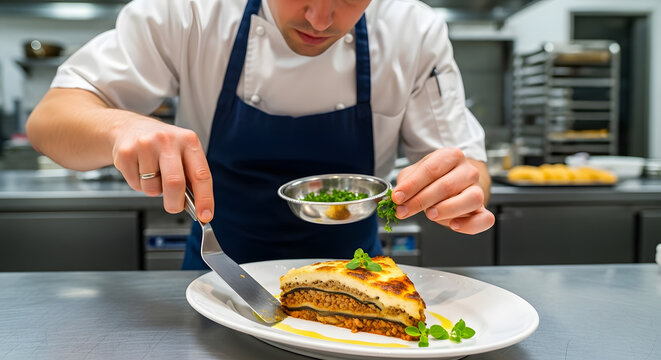 A professional chef in a white uniform and blue apron uses a spatula and tweezers to precisely plate a delicious slice of multilayered moussaka