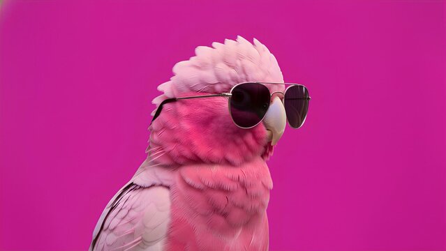 A stylish and cool Galah parrot wearing classic aviator sunglasses posing confidently against a vibrant solid magenta pink background suggesting fun and tropical humor