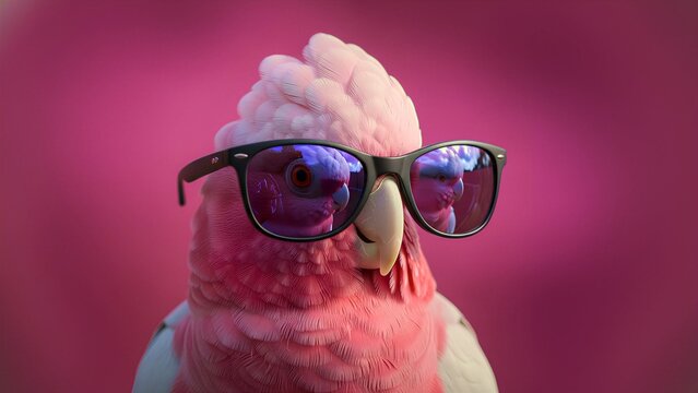 Adorable galah cockatoo wearing black sunglasses with mirrored lenses against a vibrant magenta background looking incredibly cool and stylish