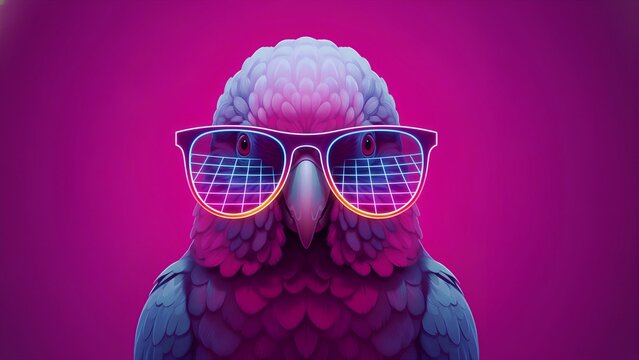 This visually striking vibrant feathered bird character confidently wears stylish neon grid-patterned glasses, exuding a playful yet intellectual retro-futuristic aesthetic against a vivid magenta