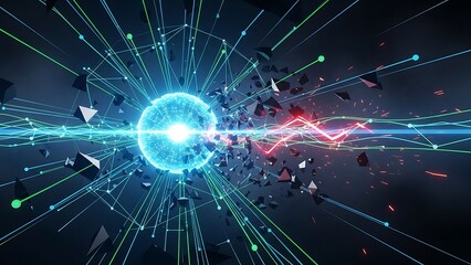 Fototapeta premium Dynamic visualization of data flowing from a glowing blue core, representing global connectivity, advanced artificial intelligence, and technological innovation.