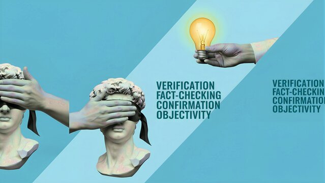 Overcoming cognitive biases depicted through classical sculpture being covered while gaining enlightenment through the concept of verification and objectivity