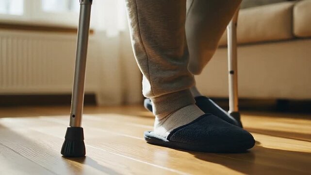 Low angle close up of senior patient walking with a walker frame at home