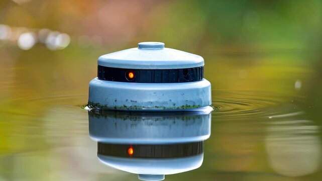 Floating water scarcity technology sensor device monitoring calm pond reflection protects resource with outdoor floating sensor
