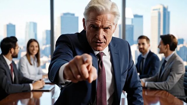 Stern Caucasian executive pointing finger at camera in corporate boardroom