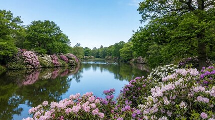 Serene Lake with Blooming Rhododendrons and Reflections