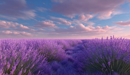 Obraz premium Lavender Field Under a Dreamy Sky - Serene Purple Landscape at Dusk.