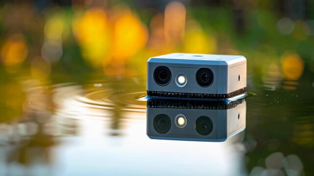 Compact camera water scarcity technology concept with floating device sensor reflection ripple outdoor innovation Water scarcity