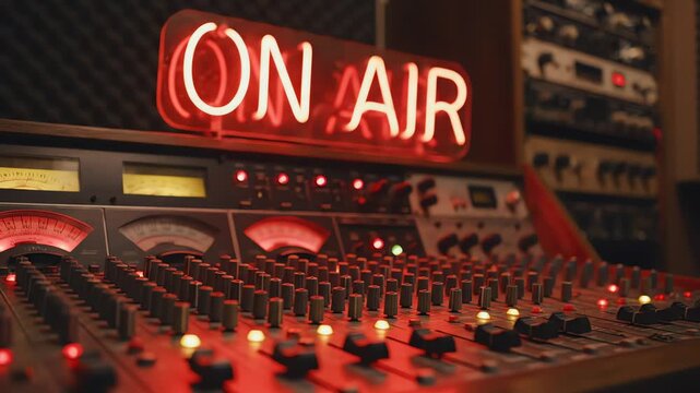 Red 'On air' neon sign in professional recording studio 4k video