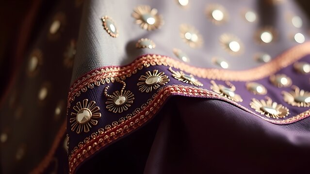 shockabsorber. Close-up of a traditional garment with intricate mirror work and silk embroidery. STEM education sheets, lab safety posters, designed for biotech research communications.