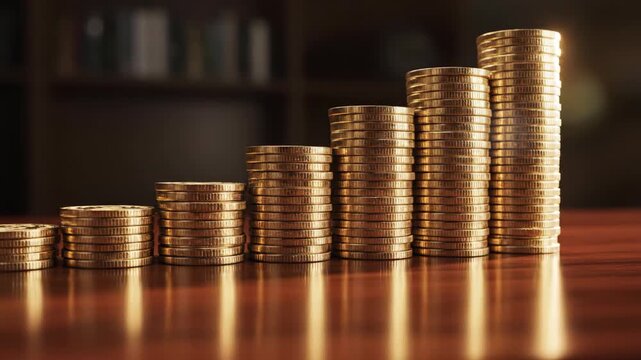 Tax saving strategies coin stack growth money finance planning success and saving concept on wooden table in warm light