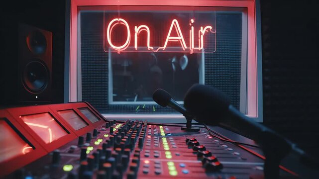 On air neon sign in professional radio broadcast studio 4k video