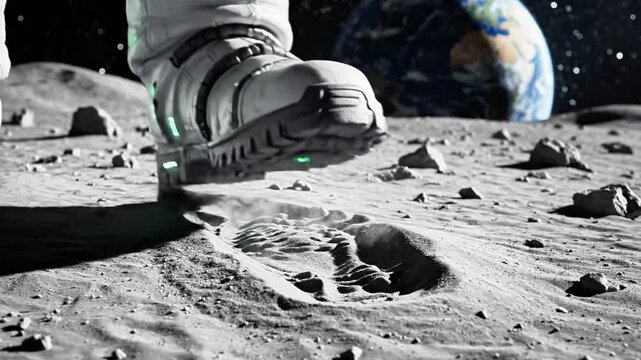 A close-up of an astronaut's foot in a spacesuit on the moon's surface with Earth visible
