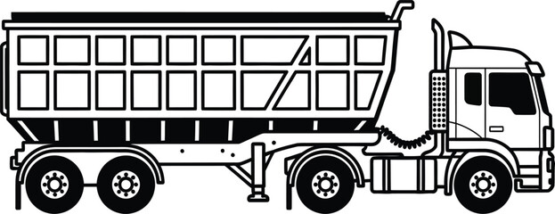Black and White Illustration of a Dump Truck and Trailer. © Vhya